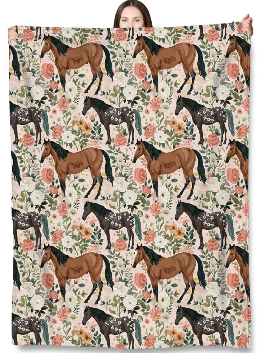 Floral Horse Throw Blanket Gifts for Kids Women, Vintage Horses with Roses Botan